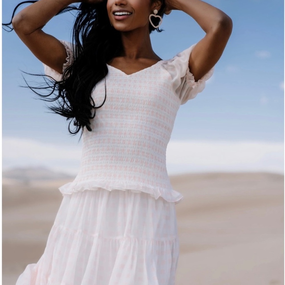 Rachel Parcell Soft Blush gingham Smocked Midi skirt and shirt